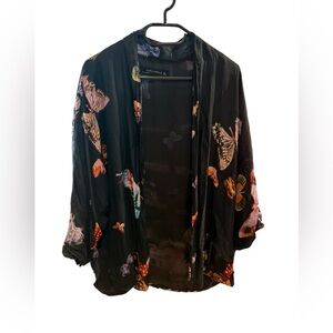 Zara Woman 100% Silk Butterfly Print Kimono Jacket Cardigan Sheer Boho Festival